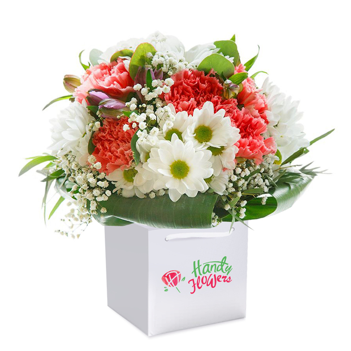 Standing upright in a flawless, square white gift bag, this radiant bouquet is a visual celebration for Queensbury residents seeking thoughtful, local flower delivery. The arrangement is a harmonious symphony of soft coral and vivacious red carnations, their frilled, cushiony petals lending a plush texture that is irresistible in its fullness. Tall white daisies, each crowned with a lively yellow-green centre, bring brightness to the ensemble-recalling the open, sunny spaces around Stanmore Golf Club. Wisps of ethereal white baby's breath are artfully scattered throughout, adding airiness and highlighting the tender craftsmanship behind the bouquet. A handful of closed purple buds, mysterious and expectant, nestle quietly along one side, introducing an element of curiosity and layered depth. Wrapping the entire affair, abundant boughs of glossy, deep green foliage encircle the blooms like a comforting embrace, creating both structure and a vivid frame reminiscent of Queensbury's verdant avenues. The arrangement is masterfully constructed-full, rounded, and exuding an inviting sense of abundance, as if ready to brighten the day of someone cherished. The white bag, functional as much as it is elegant, features strong white ribbon handles for graceful delivery-imagine it arriving at a doorstep along Charlton Road, poised to delight. Soft, filtered lighting accentuates each colour and petal, set against a pure white background that keeps every detail sharp and beautifully presented. This image exemplifies both the freshness and attention to detail that defines exceptional floristry in the heart of Queensbury.