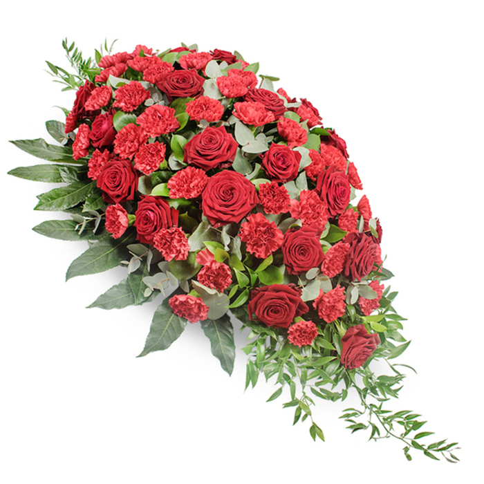 An elegant red casket spray is shown on a stark white background, its elongated crescent or teardrop shape sweeping from a broad, luxuriant head on the upper left to a finely tapered, trailing point on the lower right. The composition is dense and carefully layered, giving the impression of a loving tribute arranged with patience and skill by a local Queensbury florist. At the heart of the design are numerous deep red roses, their velvety petals fully open yet still perfectly shaped, each bloom like a small, dignified flame of remembrance. Between these roses, clusters of bright red carnations and smaller spray carnations fill the spaces, their frilled petals creating a soft, cloud-like texture that enriches the sense of volume without overwhelming the eye.   

A generous collar of greenery encircles and weaves through the flowers. Dark green leaves, broad and substantial, anchor the spray and frame the reds, suggesting steadiness and support during a time of loss. Mixed among them are sprigs of eucalyptus in a silvery, muted green, their rounded leaves and subtle matte finish adding gentle contrast and a touch of contemporary elegance. Delicate, lighter green stems, perhaps ruscus or similar foliage, stream from the lower right edge, extending in fine lines that give the whole arrangement a flowing, organic rhythm, as though the flowers are quietly cascading downwards. The lighting is soft and even, bringing out the depth of each red tone and the slight gloss on the leaves. This refined funeral arrangement would feel at home in a memorial service at a local church near Queensbury Tube station or in a quiet chapel by Queensbury Circle, expressing deep sympathy, honour, and a sense of everlasting love.