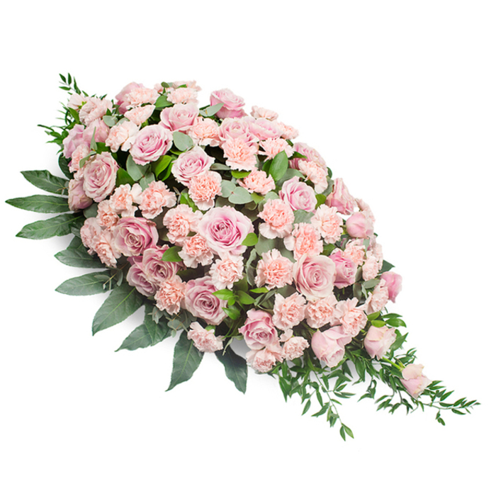 A refined funeral casket spray in tones of soft pink and gentle peach is photographed against a pristine white backdrop, its body forming a traditional teardrop that is lush at the upper left and slowly narrows to a graceful point at the lower right. The centre of the spray is filled with numerous pink roses in varying stages of bloom: some flowers are fully open, revealing generous layers of velvety petals, while others remain more modestly cupped, adding quiet dimension and a sense of unfolding time. Intermingled with the roses are light peach-pink carnations, their characteristic ruffled petals giving a feathery, cushion-like texture that softens the overall look. The pastel blossoms sit atop a bed of rich green foliage, where broader, darker leaves provide structure and weight, suggesting stability and support during a time of grief. Along the outer edges, finer and slightly lighter greenery extends in gentle arcs, with a few slender stems trailing from the pointed end to create a feeling of natural movement. The lighting is soft and consistent, emphasizing the harmony between the cool white background and the warm floral tones, allowing the spray to appear almost as if it is floating. This arrangement evokes the impression of a tranquil farewell gathering in Queensbury, perhaps in a local chapel or crematorium service room, where flowers speak quietly on behalf of family and friends. It is the sort of carefully composed tribute a local florist would prepare for same-day delivery in Queensbury, capturing compassion, remembrance, and dignity in one elegant, flowing design.