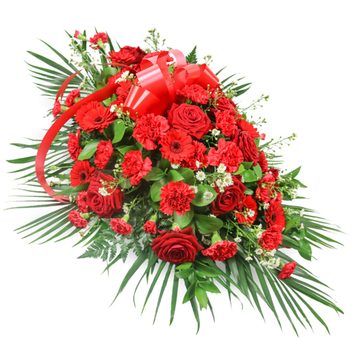 An impressive red sympathy spray extends diagonally across a stark white background, its graceful, one-sided composition immediately suggesting a formal funeral or memorial setting. The centre of the piece is densely packed with luxurious deep red roses, some fully open to reveal perfectly spiralled petals and others still in bud, promising beauty even as they represent farewell. Interwoven with these are generous clusters of red carnations, their soft, frilled petals creating a layer of plush texture, and striking red gerbera daisies that stand slightly above the rest, their flat, round faces and dark centres acting like radiant points of focus. Through the rich red tones, tiny white filler flowers-reminiscent of baby's breath or minute chrysanthemums-sparkle gently, providing subtle contrast and a sense of light filtering through. Near the upper third of the arrangement, a bold red satin ribbon is fashioned into a voluminous bow, with sleek, shining loops and long tails that thread down into the body of the spray, visually linking the top and bottom. Surrounding this core of blooms is an abundance of varied greenery: long, arcing palm fronds fan out from the lower edge and side, giving the spray its elongated silhouette and adding a touch of tropical elegance, while darker, broader leaves and a few delicate, fern-like fronds fill the interior, deepening the composition and framing each flower. The overall mood is dignified and deeply emotional, ideal for resting atop a casket or placed prominently at a chapel. Crafted in the thoughtful, polished style often requested by Queensbury families for services near Queensbury tube and the surrounding residential streets, this floral tribute speaks of reverence, love, and cherished memories shared over a lifetime.