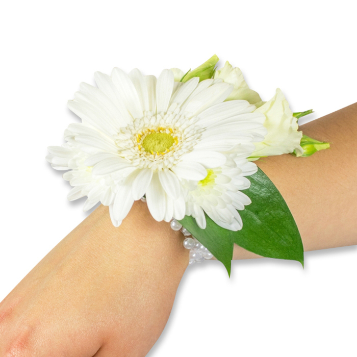 A striking white wrist corsage is photographed on a light-skinned forearm against a pure white studio background, the composition emphasizing classical elegance and fresh craftsmanship. Dominating the arrangement is a generous white Gerbera daisy, its many clean petals arranged in concentric layers around a bright lime-tinged yellow centre that adds a soft, warm contrast to the cool white tones. Nestled close are compact clusters of small white chrysanthemum-like blooms and tender, creamy lisianthus-some still in bud, others gently unfurled-creating a plush, multi-textured appearance that reads as both delicate and structured. Deep green foliage, likely salal or ruscus, fans out behind the flowers, their glossy blades and rounded tips creating depth and a vivid colour counterpoint to the ivory petals. The bouquet portion is attached to the wrist by a refined, multi-strand faux-pearl bracelet whose satiny sheen complements the flowers without overpowering them. Fine florist wiring and tape are concealed beneath foliage, ensuring the corsage sits close to the wrist and moves naturally with the wearer. The visual result is serene and celebratory-perfect for a bride, bridesmaid, or prom guest-and carries the cool scent of fresh-cut stems and the faint, sweet musk of lisianthus. As a design likely to be chosen by someone walking down Queensbury High Street toward the station or pausing by a local green, it speaks of tradition and understated grace, a wearable floral keepsake for life's formal moments.