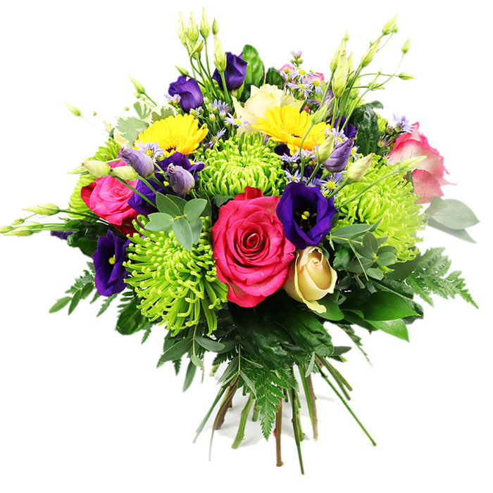 This hand-tied bouquet, shown against a pure white background, is a vibrant celebration of colour and expert floristry, reminiscent of a stroll past front gardens in Queensbury on a bright afternoon. At its core, rich fuchsia-hot pink roses unfold layer by layer, their velvety petals creating a plush focal point that suggests romance and heartfelt affection. Around them, several lime green spider chrysanthemums reach outward in a halo of fine, spidery petals, their vivid chartreuse tone bringing a modern, playful twist to the design. Deep indigo and royal purple lisianthus blooms snake through the arrangement, some flowers fully open with gently ruffled edges, while others remain as smooth buds, giving the bouquet both maturity and promise. Scattered among these are sunny yellow gerbera daisies or similar multi-petalled blooms, their round, cheerful faces echoing the warmth of afternoon light over Queensbury's quiet residential streets. A single creamy yellow rosebud, still tightly furled, nestles toward the base, adding a note of softness and subtle sophistication. Tiny lavender or periwinkle accent flowers and slim white buds emerge here and there from the foliage, lending a hint of countryside wildness. All of this colour is supported by a generous bed of greenery: broad, glossy dark leaves, paler eucalyptus-like stems with rounded leaves, and delicate fern fronds that spill gently outwards, creating a soft, feathery frame. The bouquet is tied in a classic rounded dome, the stems gathered firmly yet gracefully, ready to slip into a vase in a Queensbury living room or office. It feels ideal for birthdays, anniversaries, and congratulations, or for bringing an immediate burst of freshness and joy with local flower delivery in and around Queensbury.