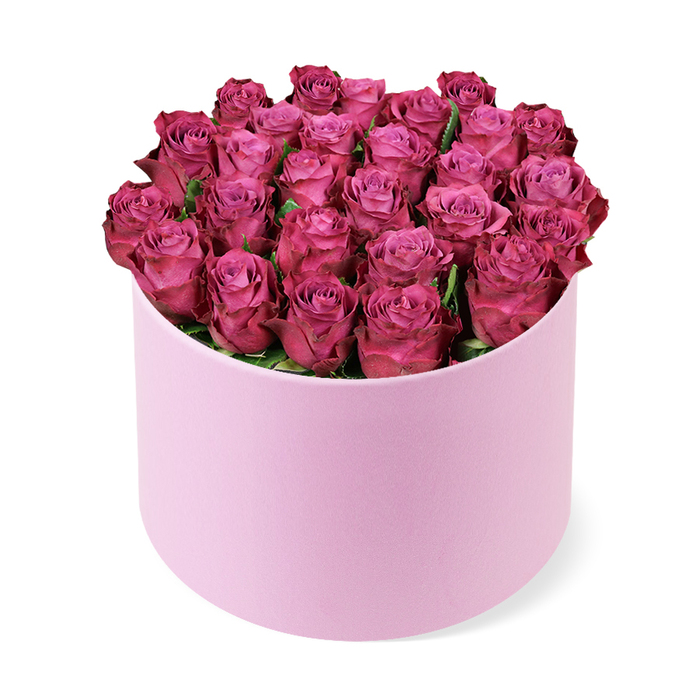 Elegant and intimate, this floral sculpture arrives as a round plume of fresh roses, densely packed in a vivid magenta that glows against a soft pink hat box. Each bloom is a compact bud, petals curling in airy spirals from lighter centers toward darker edges, creating a gradient that reads like a jewel resting in a muted frame. The cylindrical box bears a satin-matte finish-barely a whisper of texture that lets the color and form do the talking-while a restrained fringe of green foliage hints at life without stealing the spotlight. The arrangement sits against a bright white background, the slightly elevated angle giving it a generous, gallery-like presence. When you draw closer, you can almost smell the clean, velvet-soft scent of fresh petals and feel the cool, tactile hush of the petals against your fingertips. This is romance elevated, a gift crafted for important moments: anniversaries, grand birthdays, or an embrace-sized gesture that says forever. In Queensbury, our local studio creates these premium bouquets for neighbors across Kingsbury, Edgware, and surrounding streets, and many clients choose to add a handwritten note or a sleek ribbon for a personal touch. We typically offer same-day delivery to Queensbury's doorstep, ensuring the roses arrive vibrant, fragrant, and ready to spark joy in the room.