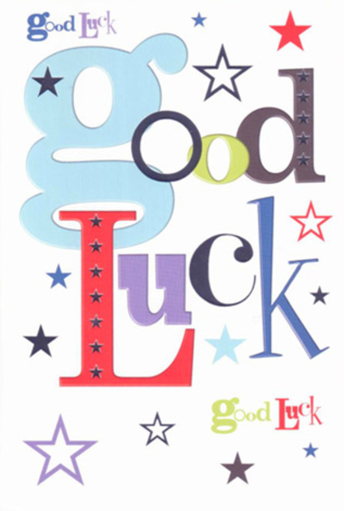There is a softly jubilant atmosphere to this luck-themed card, the kind you might choose to tuck into a bouquet being delivered across Queensbury for a big milestone or new adventure. The words 'Good Luck' stretch proudly across the centre, each letter designed with its own personality, as though a group of friends has gathered to cheer. Wide, pastel-blue characters anchor the phrase with a gentle brightness, while slender midnight-black letters, exuberant cherry reds, mossy woodland greens, and confident deep violets weave between them. Together, the colours balance playfulness with sincerity, much like a thoughtfully mixed arrangement of blooms that can sit comfortably on a kitchen table in a flat near Queensbury Circle or in an office on a side street off the main road. The background is pure, uncluttered white, giving the composition breathing space and allowing every curve and edge of the lettering to stand out in clear contrast. Across this white field, stars scatter in every direction-tiny pinpricks and larger bursts-rendered in navy, indigo, sky-blue, lilac, and hints of lime. Some shine bold and opaque, while others appear softer and more transparent, as if they're fading into the distance, creating a sense of depth like a layered night sky above the local rooftops. The card stock looks crisp and smooth, probably with a light satin finish that would feel cool and reassuring in the hand, similar to the neat, slightly firm feel of a gift tag tied to a bouquet ribbon. Emotionally, the design hums with gentle encouragement, like someone clapping from the side-lines during a race at a nearby park, quietly insisting that the person receiving it is capable, supported, and genuinely believed in.