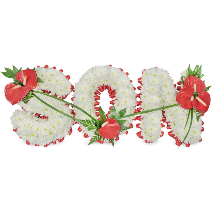 This image presents a beautifully detailed funeral flower tribute forming the word SON in large, upright capital letters, composed with the kind of precision you might expect from an experienced Queensbury florist. Each letter is constructed from hundreds of tightly packed white chrysanthemum heads, their small, rounded petals creating a thick, plush surface that looks almost like fresh snow. The cool whiteness carries a feeling of calm and purity, ideal for a memorial setting. Framing each letter is a vivid red satin ribbon, folded into a scalloped border that runs along the outer contours and inner spaces, such as the central opening of the 'O'. The ribbon's rich colour and subtle shine provide a dramatic yet tasteful contrast, sharply outlining the word and emphasizing its personal significance. Three carefully positioned clusters of red anthuriums embellish the design. On the upper left curve of the 'S' sits a substantial grouping of anthuriums, their glossy, heart-shaped spathes and pronounced spadices arranged among deep green foliage, including slender leaves and textured fern fronds. At the base of the 'O', a smaller accent of a single anthurium rests against the white flowers like a quiet, heartfelt gesture. The right side of the 'N' features a larger spray, where several anthuriums are combined with broad, dark green leaves, visually anchoring the composition. Fine green stems or foliage strands sweep lightly across the letters, drawing the eye along the word and connecting the red focal points. The overall look is dignified, loving, and deeply personal: a custom SON tribute that could be delivered for a funeral in the Queensbury area, offering comfort to family and friends as they gather to remember a much-loved son.