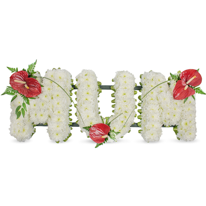 A poignant, carefully constructed floral tribute spells MUM in stately capital letters, presented against an unobtrusive white backdrop. Each letter is meticulously surfaced with hundreds of pure white spray chrysanthemums, their small, rounded petals packed so densely the lettering reads full and plush - a tactile field of soft white that suggests calm and solemnity. The letters are held by a subtle dark green structural outline that shows along the edges, lending form and depth while remaining respectfully understated. Three striking red anthuriums serve as warm, emotive accents: glossy, heart-shaped and tropical, each bearing a pale spadix. The first anthurium is placed on the upper left curve of the opening M, the second nestles into the lower curve of the U, and the third completes the message on the upper right curve of the closing M. Around each red bloom are clusters of deep-green foliage - delicate fern fronds and broader leaves - plus thin, arching grass-like stems that flow from one bloom to the next, visually tying the letters together with a gentle rhythm. Bathed in soft natural light, the composition reads both dignified and intimate, the white chrysanthemums giving a nearly luminescent calm while the anthuriums anchor the piece with heartfelt colour. Designed for remembrance at funerals, memorial services or gravesides, this classic arrangement carries the quiet craftsmanship of a Queensbury florist familiar with families from Fryent Country Park to neighbouring Wembley, offering a meaningful emblem of love and respect.