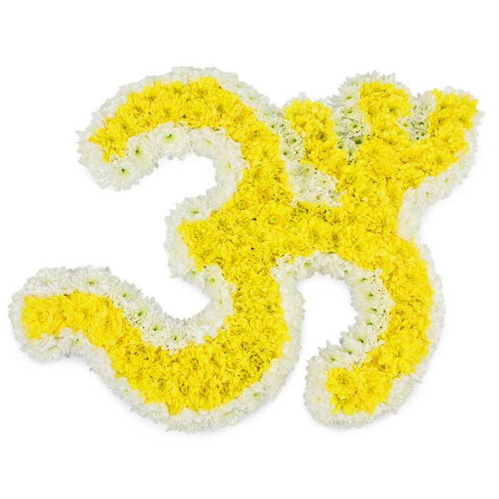 An intricately detailed Om (Aum) symbol has been created entirely from fresh flowers, standing out clearly against a flawless white background like a piece of living spiritual art. The main body of the symbol, with its flowing lower curve, inner arch, and crescent-like upper sweep, is packed solid with tiny, bright yellow blossoms-most likely miniature chrysanthemums or marigolds-so close together they form a plush, almost velour-like layer of petals. Encircling each segment of the Om is a perfectly measured border of small pure white flowers, which crisply outlines every bend and stroke, from the rounded base right up to the separate dot that hovers above the main form. The interplay of colour is simple yet powerful: warm yellow speaks of auspicious energy and devotion, while the white edging suggests purity, peace, and spiritual clarity. Under strong, even lighting, the arrangement appears almost luminous, with subtle shadows between the petals adding depth and highlighting the careful, repetitive placing of each flower. The effect is meditative, as though the symbol has been patiently built petal by petal in quiet concentration. Imagining it in a real setting, this Om tribute feels ideal for a Hindu funeral or remembrance in Queensbury, perhaps set on a stand in a family home near the green spaces by Queensbury Park or delivered to a local service where relatives are gathered in prayer. It captures both respect for tradition and the tenderness of saying goodbye, embodying a sense of oneness and eternal sound through carefully chosen, freshly cut blooms.