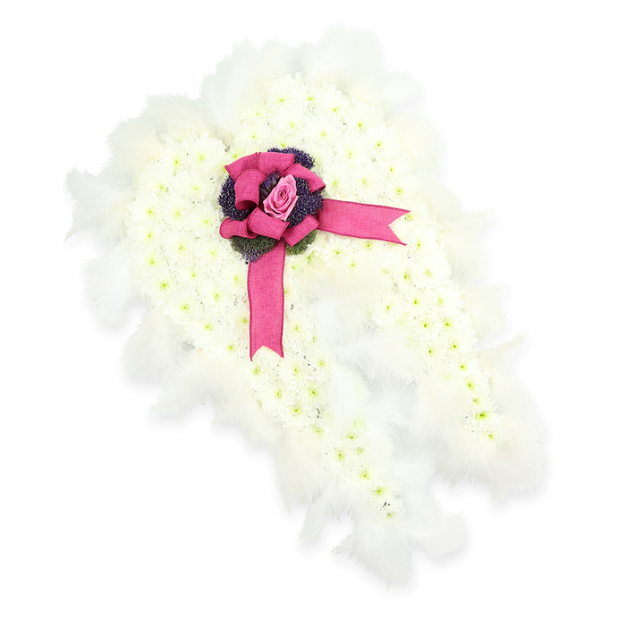 An angel-wing funeral arrangement fills the frame, presented against a flawless white background so that its sculpted outline and subtle textures can be appreciated in full. The tribute is shaped as a complete pair of wings, gently curved as though poised to enfold someone in a final embrace. The surface is closely massed with small, pristine white flowers-most likely spray chrysanthemums or similar delicate blooms-arranged in a tight, even pattern that resembles a soft snowdrift or a downy cloud. Each tiny petal contributes to the smooth yet subtly undulating texture, while faint touches of green in the flower centres add a quiet, natural depth. The perimeter of the wings is edged with airy white feathers, lightly ruffled and slightly translucent at the tips, creating a halo-like border that emphasizes the heavenly inspiration of the piece. Where the two wings meet at the centre, a striking focal point appears: a wide, luxurious satin ribbon in a vivid fuchsia hue, tied into an elaborate bow with layered loops and long, graceful tails resting over the floral surface. Nestled at the heart of this bow is a single pink rosebud, perfectly formed and still tightly curled, surrounded by a small collar of deep violet thistle-like blooms that introduce a rich, contrasting note of colour and spiky texture. The tribute feels serene, dignified, and full of meaning, an elegant choice for a memorial service or crematorium chapel in and around Queensbury, capturing the essence of a loving farewell with the quiet craftsmanship and care one would expect from a dedicated local florist.