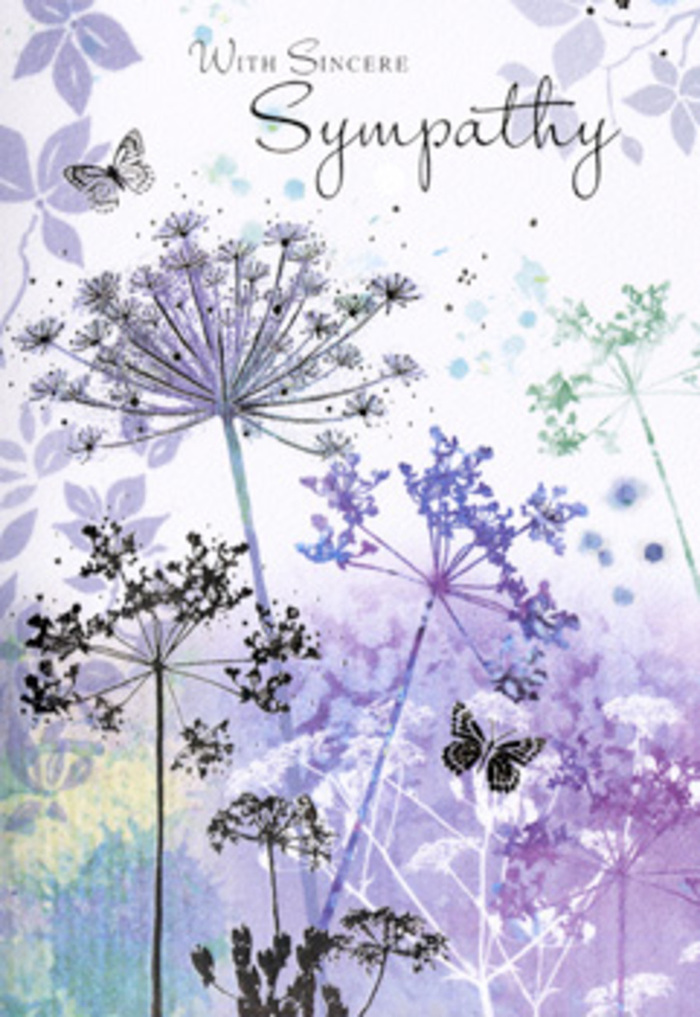 The artwork inside this sympathy card has the stillness of an early morning in Queensbury, when the streets are quiet and the sky is washed with pale colour. Against a soft backdrop of blended lavender, powdery blue, and gentle silver-green, tall wildflower silhouettes reach upward, their stems thin and slightly curved as if bowing their heads in respect. Each umbel-shaped flower head is rendered with fine, lace-like detail: tiny, clustered florets gathered into airy crowns that appear almost translucent at the edges. These natural forms are spaced with a florist's sense of balance, creating a light, open composition that invites the eye - and the heart - to rest. Hovering above the feathery blooms are two or three fragile butterflies, their wings traced in subtle tones that echo the flowers below. They seem to move silently across the page, carrying a suggestion of continuity, of life gently transforming yet never entirely gone. The background has the feel of watercolour brushed softly across textured paper, with no strong lines, only gentle gradations that recall the soft light over local green corners and garden plots near Queensbury station. As someone used to arranging condolence flowers for families here, I sense the quiet empathy in this design. It does not shout grief; instead, it offers a moment of calm reflection, like pausing with a bouquet before a final farewell. The overall impression is of a tender, respectful tribute - a card that pairs beautifully with sympathy flowers delivered throughout Queensbury, offering comfort through its subtle colours and tranquil, nature-inspired imagery.