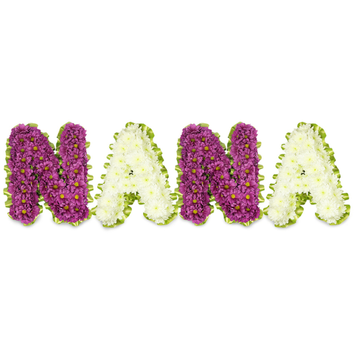 This bespoke sympathy tribute spells NANA in large, three-dimensional letters arranged on a clean white background, each character created from a densely clustered mosaic of small chrysanthemum blooms. The pattern alternates: the Ns are built of deep magenta-to-plum chrysanthemums with tiny yellow eyes, producing a plush, richly coloured texture; the As are formed from pristine cream or ivory chrysanthemums, their cool petals offering a soothing counterpoint. A bright lime-green border-crafted from pleated ribbon or tightly set greenery-traces the outline of every letter, giving a crisp frame that enhances legibility and adds a fresh, springlike note. The letters rest on shaped floral foam, giving height and depth so that from different angles the composition reads as both sculpture and word. Gentle studio light accentuates the satiny sheen of the white flowers and deepens the plum tones, while the whole piece carries the faint, familiar fragrance of fresh chrysanthemums. Intended for memorial services, wakes, or graveside gatherings, this NANA arrangement conveys reverence and warm remembrance; families often choose this style to honour a grandmother or matriarch. As a Queensbury florist serving the local community-near Queensbury Station, the Broadway and parts of Wembley-I've prepared similar tributes for parish halls and funeral directors, ensuring the typography is easily read from a short distance and that the palette feels comforting to those who come to pay their respects. Flower Delivery Queensbury can replicate this personalised tribute with careful attention to colour, scale, and placement for local services.