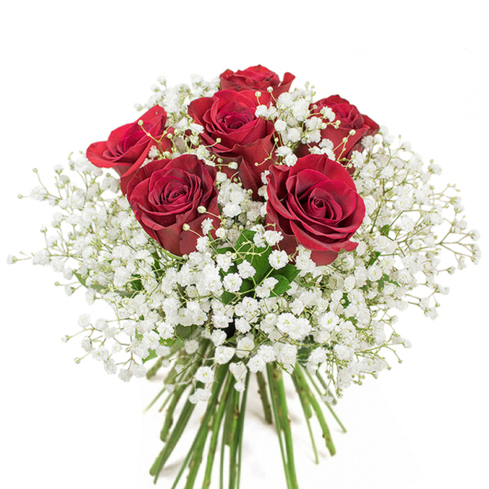 This sumptuous bouquet, expertly crafted in Queensbury, is a study in classic romance and layered emotion. At its heart lie approximately twenty plush red roses, their petals deeply saturated with crimson and unfurling in lush, open spirals that suggest confidence and enduring love. Interspersed among these passionate blooms are abundant sprays of delicate white baby's breath; their feathery gypsophila blossoms give the ensemble a soft, ethereal quality. The bouquet's design is purposefully rounded and full, balancing strength and gentleness, much like the vibrant spirit of Queensbury's own community. A clear glass vase, standing gracefully on a smooth, white surface, cradles the mingled green stems, grounding the vivid blossoms in nature's freshness. Each detail-from the precise placement of every rose to the gentle swirl of gypsophila-reflects the mindful touch and creative expertise found in Queensbury's best florists, often drawing inspiration from local green spaces like Roe Green Park. The entire composition seems to glow in gentle, diffused light, with every surface and petal highlighted for subtle radiance. Intended for celebrations of love-be it an intimate dinner on Church Lane or a milestone anniversary-this bouquet envelops its recipients in comfort, admiration, and beauty. Every stem and bloom is a testament to heartfelt sentiment and the enduring tradition of giving flowers in Queensbury.