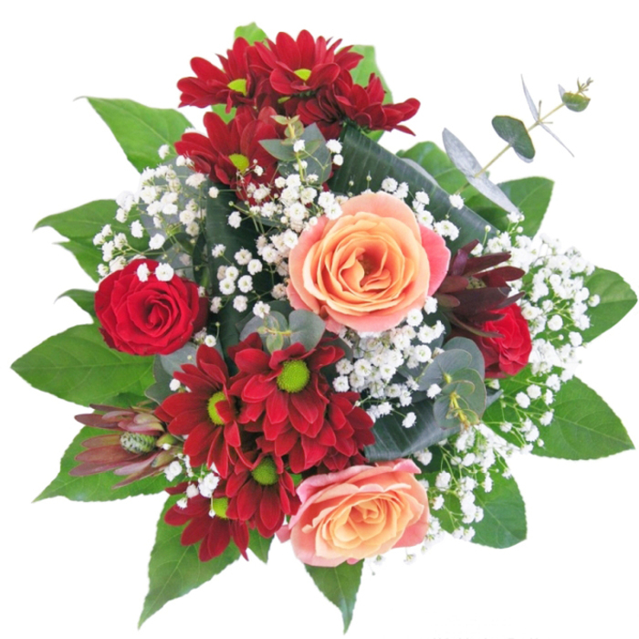 This bouquet crafted near Queensbury's gentle avenues is a masterclass in colour, texture, and heartfelt intent. Deep, velvety reds of chrysanthemums and full-blooming roses create a bold foundation, while soft apricot and creamy peach roses soften the mood, bathing the arrangement in a sunlit hue reminiscent of late afternoon walks by Roe Green Open Space. Airy sprays of white gypsophila wind between petals like twinkling stars, offering a sense of movement and a touch of whimsical romance. Lustrous green foliage rings the base, supporting the blooms in a vibrant embrace that recalls the lush greenery found near Eton Grove Park. Housed in a crystal-clear vase, the stems stand tall and proud, promising lasting freshness and honest beauty. The bouquet's flowing composition evokes the warmth of a loving embrace, making it ideal for expressing true affection, marking new beginnings, or adding a moment of gentle luxury to a home or celebration in the heart of Queensbury. Every petal and leaf conveys the careful attention and artistic vision of a local florist attuned to the spirit and community of NW9.