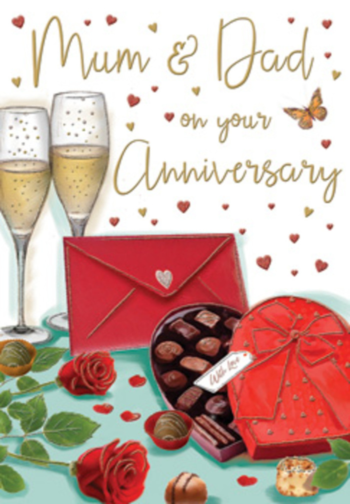Luxurious anniversary card artwork showing roses, fizz, and a love-letter envelope, imagined through the eyes of a local Queensbury florist