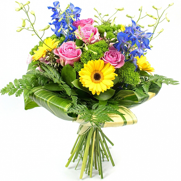 A vibrant, professionally crafted bouquet fills the frame against a spotless white background, its colours and textures unfolding in layers that draw the eye from the soft centre to the lively outer edges. At the heart of the arrangement, plump pink roses are fully open, revealing velvety petals that curl gracefully, giving the design a gently romantic tone. These are surrounded by sunny yellow gerbera daisies with pronounced dark centres, their open, daisy-like faces bringing a burst of happiness that feels ideal for sending congratulations or birthday wishes to someone in Queensbury. Towering above this warm ensemble, striking blue delphiniums rise on slender stems, each lined with many small blossoms that add both vertical drama and a cool, calming contrast to the brighter hues below. The bouquet is richly padded with varied greenery: feathery fern fronds peep around the perimeter, creating a soft, natural halo, while dense clusters of bright green filler flowers and possibly small chrysanthemum heads add structure and mossy texture in between the larger blooms. Around the lower half of the flower cluster, wide, glossy tropical-style leaves-some marked with gentle lighter stripes-are wrapped to form a neat, architectural collar, giving the arrangement a polished, modern edge that would suit a stylish flat off Stag Lane or near Roe Green. Slender stems tipped with tiny buds rise lightly from the top, introducing airiness and a sense of new growth. Below, the natural stems are pulled tightly together and bound with a simple tie, clearly showing the hand-tied craftsmanship typical of local florists offering same-day delivery across Queensbury and the surrounding neighbourhoods.