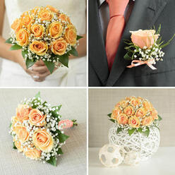 A single peach rose boutonnière rests against a dark charcoal suit jacket, the composition small but eloquent, speaking of considered pairing and quiet refinement. The bud is compact and perfectly formed, its velvety petals still holding a hint of the blossom's inward curl, surrounded by delicate sprays of gypsophila that scatter tiny white points of light around the focal bloom. A subtle wisp of ruscus adds a green cadence, its tapered leaves offering a textural contrast to the rose's soft roundness. At the base a slender peach-coloured ribbon is tied into a tidy bow, echoing the warmth of the groom's coral tie and bridging the floral palette to the crisp white shirt seen just inside the lapel. The photograph captures the textural dialogue between the rose's satin petals, the lace-like froth of baby's breath, and the structured wool of the jacket, highlighting how an expertly made boutonnière becomes a personal punctuation mark near the heart. Under soft studio light the coral and peach tones read true and luminous against the dark fabric, while the boutonnière's size and placement suggest ease and confidence rather than ceremony alone. As a florist who often dresses couples for ceremonies across Queensbury and nearby Wembley, I note how such a small detail harmonises with surrounding florals-the bride's bouquet, table pieces, and even woven accents-so the wedding story feels cohesive from lapel to centrepiece. This close-up is a reminder that careful floral craft can make a simple gesture into a lasting, photographed moment.