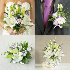 Rendered in four connected frames, this image celebrates a cohesive white-and-purple wedding palette with the intimacy of a locally made arrangement from Queensbury. The top-left panel focuses on the bride in a strapless gown holding a generous bouquet of white oriental lilies - some broad-petaled and luminous, some in the gentle hush of bud - paired with white lisianthus edged in a fresh purple halo. Dark purple veronica-like spikes and soft sprays of baby's-breath-like gypsophila add lively punctuation, while varied green foliage, from broad glossy leaves to fine wispy grasses, creates movement and depth. Top-right zooms to the groom's boutonnière on a dark charcoal grey jacket, where one open purple-rimmed Eustoma, a small lily bud and a hint of spiky purple flowers are neatly secured with a tiny white ribbon bow above a rich purple silk tie. Bottom-left displays a compact bridesmaid or toss bouquet placed on a light beige textured fabric, stems cleanly wrapped to echo the bride's hand-finished style. Bottom-right reveals a tall centerpiece in a white woven sphere vase, its lattice catching the light and framing cascading greenery, lilies, and purple-edged lisianthus, set beside two decorative woven beige spheres on a pale surface. The overall impression is serene and sophisticated, finished with a faint, natural lily scent and a crafted touch you'd expect from a Queensbury florist; Flower Delivery Queensbury often supplies similar designs for local venues near Queensbury tube and Kingsbury Road, offering a calm, contemporary elegance for wedding tables and ceremonies.