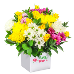 A lush, rounded bouquet of mixed seasonal flowers sits proudly in a neat white cube box, set against a seamless white backdrop so the colours appear almost luminous. The arrangement feels full and generous, the blooms clustered closely together to form a smooth dome of cheerful colour. Dominant notes of golden yellow come from plump chrysanthemums and tightly packed spray roses, some still in bud and others just beginning to open, their petals curling outward with a velvety softness. Nestled among them are white daisy-like chrysanthemums with clear green centres, their simple faces adding brightness, while fluffier white chrysanthemum heads lend extra softness and depth. Interwoven through the yellow and white are bold fuchsia and magenta chrysanthemums, some with hints of lighter pink, creating vivid ribbons of colour that draw the eye across the bouquet. Occasional pink rosebuds and extra yellow rose clusters introduce delicate accents, suggesting new beginnings and quiet celebration. Rich, dark green foliage, glossy and robust, peeks out between the flowers and gathers around the base, giving the composition structure and a natural, garden-fresh feel. The white square box acts as a modern vase, its clean lines making the bright colours appear even more striking, much like arrangements showcased in contemporary homes and cafés around Queensbury. The overall mood is uplifting and warm, ideal for marking a birthday, sending a thoughtful congratulations, or simply brightening a living room on a grey North West London day, with the design reflecting the careful eye and practiced hands of an experienced local florist.