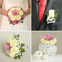 Four coordinated images capture an elegant wedding flower story, much like one you might see at a Queensbury ceremony near the green spaces around the high street. The top-left panel focuses on the bride's bouquet, held close against a white gown with delicate lacework along the bodice. The bouquet itself is tightly rounded and richly packed with cream and pale yellow roses, accented by deeper pink and mauve blooms that create gentle, romantic contrast. Clouds of white baby's breath and glimpses of glossy green foliage soften the edges, giving the arrangement a lush, luxurious feel. In the top-right panel, the camera moves to the groom, highlighting his boutonniere pinned precisely on a dark grey suit lapel. He wears a fresh white shirt and a bold red silk tie, while a single pristine white rosebud, framed by sprigs of greenery and tiny white filler flowers, is tied neatly with a slim white satin bow, adding refined detail. The bottom-left panel offers a more intimate moment: a small bridesmaid's posy resting on textured beige linen. It mirrors the bridal bouquet's colours, balancing cream and pale yellow roses with brighter pink roses and generous sprays of baby's breath, all bound in a charming pink-and-white striped ribbon for a softer, relaxed mood. In the bottom-right panel, a compact rose arrangement, again echoing the same palette, is posed as a table centerpiece on a white, twig-woven spherical vase. Two additional wicker orbs sit nearby on a white surface against a muted beige backdrop, suggesting stylish reception décor lovingly arranged by a local florist who understands Queensbury's taste for understated romance.