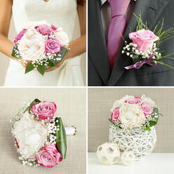 This image captures an intimate Queensbury wedding collection, designed with a florist's care to thread emotion through every blossom. The bride's bouquet is the heart of the scene, an abundant armful of cream peonies and blush-pink roses, their petals layered in soft, ruffled folds that look almost cloud-like. Each bloom is surrounded by tufts of white gypsophila, creating a halo of tiny stars around the larger flowers, while smooth, sculptural green leaves curve gracefully at the edges, giving the bouquet structure and a fresh, garden-picked feel. Resting nearby, the groom's boutonnière mirrors the bouquet on a smaller scale: a single lilac rose, polished and perfectly formed, tucked beside sprigs of delicate greenery and miniature puffs of baby's breath, secured with a slim lavender ribbon whose gentle sheen suggests quiet elegance. The overall colour palette moves from creamy ivory and blush to hints of magenta and soft lavender, all set against deep, calming greens, evoking the tender light of an early summer afternoon in Queensbury-perhaps after photos in a local park or tree-lined street. You can almost sense the soft weight of the bouquet in the bride's hands, the cool satin of the ribbon, and the faint, sweet fragrance that lingers in the air. Crafted with local expertise, the collection feels both timeless and personal, ideal for couples marrying in a nearby church, registry office, or neighbourhood venue where subtle romance, thoughtful detail, and a harmonious blend of textures come together to celebrate their story.