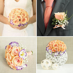 Seen as a quartet of intimate wedding moments, this collage celebrates a warm peach, purple and white scheme that reads both romantic and refined across each panel. In the top-left image a bride holds a classic round bouquet against her white gown: soft peach roses packed tightly at the core, bordered by white lisianthus with bright purple edges and scattered clusters of baby's breath that give the arrangement a delicate, cloud-like air; the stem is wrapped in blush ribbon so the bouquet rests comfortably in her hands. In contrast, the top-right panel narrows to the groom's boutonniere pinned to a dark charcoal suit: a single peach rose sits proud beside tiny sprays of gypsophila and slim greenery, secured with a tiny peach ribbon that echoes the bride's wrap and a matching tie beneath the lapel, the composition clean and purposeful. The bottom-left shows a slightly smaller hand-tied posy lying on a textured neutral fabric; the same floral vocabulary is present with pearl-headed pins through the ribbon, lending a subtle vintage shimmer. Bottom-right features a reception centerpiece: a low, rounded dome of matching blooms set into a white, intricately woven basket vase, accompanied by two small decorative woven balls that soften the table display. Spoken by a local florist used to styling ceremonies around Queensbury Station and The Broadway, this description also reassures of flower freshness and considered craftsmanship-Flower Delivery Queensbury prefers seasonal stems and delicate finishing touches so the palette holds across bouquets, boutonniere and centrepiece with comforting continuity.