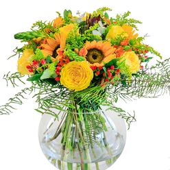 Basking in a flood of gentle light, this vibrant bouquet offers a celebration of summer's golden embrace, artfully arranged by experienced florists familiar with Queensbury's local charm. Dominating the arrangement are stately sunflowers, their warm yellow petals spreading outward with unapologetic joy, mimicking the bold sunlight gracing Montrose Park on bright afternoons. The sunflowers are flanked by elegant yellow roses, their petals nested so closely together that each flower seems to glow from within. Strewn throughout are bright clusters of hypericum berries in ruby-red, their lively appearance reminiscent of the cheerful spirit often found along Honeypot Lane. Rich green foliage fills the bouquet-fine branched fern fronds, sprigs of solidago bearing tiny yellow stars, and the gentle curves of eucalyptus leaves-creating a textural tapestry that ebbs and flows around the central blooms. Everything is anchored within a clear, spherical glass vase, where the vibrant stems intersect in water, symbolising freshness and life. As you take in the bouquet, a sense of warmth, optimism, and community unfolds-echoing gatherings and everyday celebrations that uplift the spirit in Queensbury. This design is perfect for infusing happiness into birthday parties, marking special occasions, or simply brightening an ordinary corner. Crafted with genuine care and knowledge of local sensibilities, this flower arrangement brings the dynamic beauty of nature into your home for same-day delivery across Queensbury.