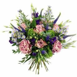 A richly detailed hand-tied bouquet is captured from slightly above, floating against a clean white backdrop like a burst of colour arriving at a doorway in Queensbury. At the centre, soft pastel pink roses mingle with blooms edged in a deeper rose shade, their spiralling petals gently opening in layers that feel both tender and luxurious. Around them, large carnations in dusty rose and mauve form plush, ruffled cushions, adding fullness and a tactile, almost fabric-like texture. Rising through this soft mass of petals are elegant wands of deep indigo-lavender Veronica, their slim, tapering spires bringing vertical energy and a sense of movement, reminiscent of tall blooms in a well-kept garden off Kenton Road. Nestled between the larger flowers are rich purple lisianthus blossoms and clusters of tiny, star-shaped aster-like flowers in lavender-blue, each with a delicate yellow eye that creates subtle points of light throughout the bouquet. The colour story is grounded by an abundance of greenery: bright, lime-green textural filler that adds a lively, spring-fresh note, and cool, sage-toned eucalyptus leaves arching outwards to frame the design. The stems below are neatly aligned and hand-tied, clearly prepared with the care of an experienced local florist used to arranging flowers for Queensbury homes and small cafés. This bouquet feels romantic yet contemporary, with a palette that balances softness and depth. It would be perfectly at home as a birthday surprise delivered across Queensbury, a thoughtful anniversary gesture, or an elegant centrepiece for an intimate dinner, radiating freshness and quiet celebration in any setting.