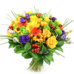 This photograph shows a luxurious, hand-tied bouquet set against a plain white background, the neutral setting chosen to showcase the full intensity of its colours. The arrangement feels dense and abundant, crafted in a round, balanced shape that suggests the practiced hands of a local Queensbury florist. At first glance, the eye is drawn to the sunny yellow roses, their spiralled petals opening in soft, velvety layers, and to the bright yellow chrysanthemums that surround them, brimming with fine, feathery petals. Interlaced among these are vivid orange gerbera daisies and smaller orange daisy-style blooms, their cheerful faces and warm tones evoking the lively character of nearby Queensbury Parade on a busy morning. Rich purple lisianthus blooms, some fully open and others still in bud, introduce a deep, velvety counterpoint that cools the palette and adds sophistication. Scattered through the centre, lime-green button chrysanthemums form neat, cushion-like spheres, bringing a crisp, contemporary twist to the design. Glossy red hypericum berries gleam from between the petals, their rounded, waxy skins catching the light and hinting at celebration and festivity. The bouquet rests in a cradle of dark green leaves, probably Ruscus, whose broad, shiny surfaces frame the flowers and give the design a solid, verdant base. Fine, spiky blades of ornamental grass shoot lightly upward, adding height, texture, and a sense of movement, as though a soft breeze had passed through. The mood is one of joy and generosity, the sort of bright, uplifting arrangement you might choose to send as a birthday surprise or a get-well gesture to someone in Queensbury, Kingsbury, or along Church Lane, confident it will light up their room.