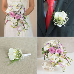 This four-image wedding collage presents a harmoniously styled floral collection that feels right at home in a refined Queensbury celebration. In the top-left image, the mid-torso of a bride is framed against her white lace wedding gown as she holds a generous cascading bouquet. It tumbles gracefully with white phalaenopsis orchids, their yellow centres glowing softly, nestled among blush pink garden roses, pale lavender stock, clouds of white baby's breath, and loose green foliage, all accented by deeper pink, almost fuchsia, spiky blooms that bring a contemporary twist. The bouquet flows downward like fabric, adding movement and depth against the intricate lace. The top-right frame draws close to the groom's lapel, where a single white phalaenopsis orchid boutonniere rests on a dark charcoal or black suit jacket, offset by a bright red tie and patterned shirt. Baby's breath and slender greenery fan out gently from the orchid, with a small white satin ribbon binding the stems, creating a polished, coordinated look. In the bottom-left, an identical boutonniere is laid flat on a light beige textured surface, possibly linen or burlap, allowing each petal and tiny gypsophila sprig to be clearly seen, highlighting the steady, practiced hand of an experienced florist. The bottom-right image completes the story with a lush centerpiece arranged in a white woven cylindrical vase, placed on a crisp white tabletop. White orchids, soft pink roses, pale purple stock, baby's breath, and mixed foliage spill from the container, with the same vivid pink spikes adding rhythm. Two white woven decorative spheres sit nearby, suggesting a reception table in a Queensbury hall or restaurant, with Flower Delivery Queensbury providing matching blooms from bouquet to table décor.