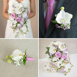 This four-panel image presents a refined wedding flower collection, the kind of coordinated design often requested by couples marrying around Queensbury's local churches and registry offices. The overall palette is romantic and cool-toned, with white phalaenopsis orchids, blush and pink roses, lavender accents, and clouds of baby's breath repeated throughout. In the top-left panel, a bride in a strapless white gown holds a generous cascading bouquet that pours from her hands in a soft arc. Wide orchid blooms gleam against the fabric, threaded with layered pink roses, hints of lilac and lavender petals, and trails of greenery that give the arrangement a flowing, waterfall feel. The top-right panel offers an intimate close-up of the groom's boutonniere pinned neatly to a dark grey suit jacket. A single white phalaenopsis orchid is framed by small lavender filler flowers and quietly shining green leaves, with a slim purple ribbon binding the stems and coordinating with his vivid magenta tie beneath. In the bottom-left panel, another boutonniere is shown resting on pale, textured cloth, like a detail laid out on a dressing table before the ceremony. This one features a fresh orchid bud, sprigs of white baby's breath, and a slip of greenery, cinched together by a bright fuchsia-pink ribbon that suggests joyful energy. The bottom-right panel shows a lush cascading centerpiece arranged in an intricate white woven vase. White orchids spill gracefully down, surrounded by pink and lavender roses, tiny purple filler flowers, and feathery baby's breath, while three white woven decorative spheres are grouped nearby, echoing the vase texture and creating a polished, cohesive wedding look.