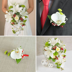 A four-panel collage shows how bridal bouquet and groom's boutonnière can be perfectly matched for a stylish Queensbury wedding, with a refined palette of white, green, red, and a hint of cream. In the top-left image, only the bride's torso is visible, her white, gently textured gown catching soft light against a warm beige background. She cradles a dramatic cascading bouquet overflowing with open white oriental lilies, each bloom star-shaped and fragrant, their stamens giving a faint golden tint at the centre. From the bouquet's heart, delicate white Phalaenopsis orchids spill downward like satin ribbons, interwoven with a single creamy rose, clusters of bright green pompon flowers, tiny clouds of gypsophila, and glossy red berries that add festive sparkle. Fine strands of greenery and grasses give the design a loose, airy movement, like a breeze along the paths near Queensbury Circle. The top-right panel zooms in on the groom or a male guest in a dark charcoal suit, crisp white shirt, and vibrant red tie, his lapel neatly pinned with a coordinated boutonnière: one flawless white Phalaenopsis bloom, a touch of green button-like flower, and tiny white filler blossoms, all bound with a bright red ribbon. In the bottom-left, that same boutonnière lies on a pale, textured linen surface, its sculptural orchid, glossy leaf, and sleek ribbon clearly defined, as though ready to be collected before a ceremony at a local Queensbury venue. The bottom-right panel presents the bridal bouquet in full, now standing in a white woven basket vase on a clean white surface, with three white wicker spheres placed artfully beside it, suggesting a modern reception styling crafted with the care and precision of an experienced local florist.