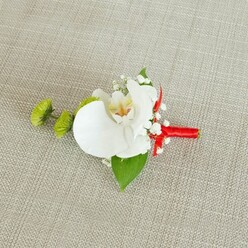 Set against a pale beige, linen-like fabric with a gently visible weave, this orchid boutonniere looks as though it has been carefully laid out on the dressing table of a groom preparing for his ceremony in Queensbury. The main flower is a flawless white Phalaenopsis orchid, its large, smooth petals unfurling in soft arcs that catch the light in a subtle glow, neither harsh nor dim. Deep within its centre, you can almost trace the fine gradation from creamy yellow to hints of reddish-orange or warm brown markings, a natural patterning that breaks the pure white and draws the eye inward. Encircling the orchid, clusters of white baby's breath form a delicate halo, each minuscule bloom contributing to a cloud-like softness that lightens the design. To one side, two compact lime-green chrysanthemum button blooms, round and slightly spiky, bring a fresh, modern burst of colour that feels both playful and composed, reminiscent of the new spring foliage in local parks and gardens around Queensbury. A broad, glossy deep green leaf sits beneath the orchid, anchoring the arrangement and adding a cool, verdant base, while a smaller, darker green leaf peeks discreetly from the side, offering depth. The stems are bound in a confident sweep of bright crimson red ribbon, wrapped tightly and finished with a small, understated bow or knot that injects a celebratory streak of colour along the neutral backdrop. The natural, slightly coarse texture of the fabric beneath enhances every element, making the white, green, and red palette feel vivid and intentional. The overall mood is one of polished simplicity and heartfelt celebration, a boutonniere perfectly suited to weddings, proms, or formal events where quiet detail and expert floral design are cherished.