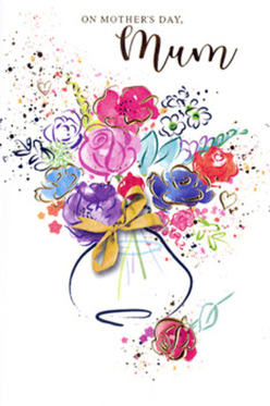 Illustrated Mother's Day card featuring a vibrant, watercolour-style bouquet that seems to bloom straight off the page, reminiscent of a fresh arrangement ready to leave a Queensbury flower shop. At the centre, vivid pink and cerise blooms, reminiscent of garden roses and peonies, are brushed in generous, rounded strokes that radiate affection. Surrounding them, softer blue and lavender flowers blur gently into one another, lending a calm, soothing balance like an early morning stroll through Queensbury Park. Fine lines of metallic gold highlight petals and leaves, outlining curves and adding little flashes of shimmer, as if the card has caught a touch of evening light from a nearby window on Beverley Drive. The flowers sit in a loosely painted vase, suggested rather than strictly defined, its base gathered by a neat golden bow that recalls the careful finishing touch on a hand-tied bouquet available for local delivery. Around the edges, playful paint splashes and dot-like hearts echo the carefree joy of a child's scribbled love note to their mum. The background is clean and white, giving each rich hue - from deep indigo shadows to blush pink highlights - space to breathe, so the bouquet feels airy yet full of emotion. This card captures the tender spirit of Mother's Day in Queensbury: a visual embrace full of colour, movement, and the quiet promise of appreciation that lingers long after the day itself.
