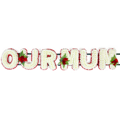 In this detailed image, a classic sympathy tribute spells out "OUR MUM" in bold, three-dimensional capital letters, laid out horizontally so the full message can be read at a glance. Each letter is built entirely from tightly packed white chrysanthemums or similar small-headed blooms, their petals forming a uniform, plush texture like a soft blanket of snow. The flowers are fresh and luminous, with just enough variation in each floret to create a gentle, living movement across the surface. Framing these white panels is a neat border of deep red flowers, probably carnations or spray roses, that trace the outline of every curve and corner. This red edging adds depth, definition, and a sense of embrace to the tribute, reflecting the tender, protective love many families in Queensbury associate with their mums. Behind the letters, a subtle dark green metal or plastic framework links the characters together, ready to be placed on stands or trestles in a chapel of rest, a local church along Honeypot Lane, or at a graveside gathering. Three distinct clusters of velvety red roses, accented with rich green foliage, punctuate the design like emotional highlights. One cluster rests gracefully near the first joining of letters, another nearer the centre, and the final grouping sits close to the end of the final "M", each evoking moments of shared memories, family stories, and quiet goodbyes. The white background allows every detail to be clearly visible, turning this floral "OUR MUM" arrangement into a focal point of loving tribute, suitable for funeral and memorial services across Queensbury and the surrounding area, where family and friends come together to honour a much-loved mother.