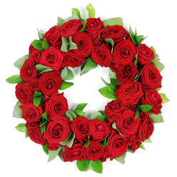 An artful circular wreath of red roses dominates against a crisp white backdrop, a testament to meticulous floristry from a Queensbury studio. The ring is densely packed with dozens of deep crimson roses in varying stages, from tightly closed buds to velvety open blooms that catch the light. The petals shimmer with subtle shade variations, giving the surface a textured, jewel like glow. Interwoven are sprigs of bright green foliage: broad eucalyptus like leaves that are matte and slender ruscus that gleams, creating a fresh contrast that makes the red glow more intense. The continuous circle embodies tribute and memory, a dignified celebration of a life well lived. The wreath rests against the white background, as if set on an altar or memorial table in a Queensbury chapel or home. The lighting is even, making the velvety texture glow and inviting quiet reflection. This is a solemn, dignified tribute often used in funeral services, memorials, or anniversaries, and it sits as a central focal point for observances in Queensbury. The craftsmanship is evident in the layering of petals, the interplay of light and shadow, and the natural balance of greenery that supports the roses without overpowering them. This piece is offered through a local Queensbury florist network, with flexible delivery options across the area to help families mark a loved one's memory with grace.