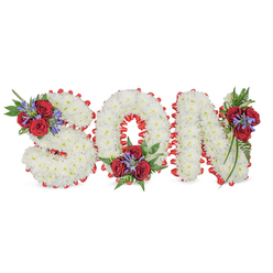 Crafted with deliberate care and local familiarity, this funeral tribute spells SON in large, freestanding letters built from tightly clustered white chrysanthemums whose small heads form a soft, cloud-like surface across each character. A vivid red satin ribbon has been pleated into a scalloped border around every letter, tracing the curves and corners with precision and lending a strong visual outline that separates the white floral mass from the white background. Each letter is pierced with a tasteful cluster of accent blooms: velvety deep red roses, slender blue-purple Liatris or similar spike flowers, and lush dark green foliage including delicate fern fronds and trailing leaves which create gentle cascades and break the uniformity of the white. The overall mood is solemn yet tender, the chrysanthemums suggesting peace while the red roses convey long-standing love. In quiet, natural light the arrangement reads as an intimate, three-dimensional memorial designed to be placed by a coffin, at a graveside or on a chapel easel. As florists serving Queensbury and surrounding streets near Honeypot Lane and Wembley, Flower Delivery Queensbury carefully finishes each ribbon edge and positions the accents so the tribute remains respectful and balanced from every angle. The combined textures, subtle floral scent, and precise craftsmanship make this a meaningful way to honour a beloved son, offering families a classic, personalised expression of remembrance and comfort.