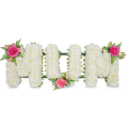 A large, traditional sympathy tribute spelling out "MUM" in bold block letters is shown floating on a clean white background, as if carefully set out in a peaceful chapel somewhere near Queensbury station. Each letter is completely covered in tight clusters of pristine white spray chrysanthemums, their small, rounded petals overlapping so closely that they form a plush, quilt-like texture. The flowers sit slightly raised from a discreet dark green frame or ribbon that peeks out around the edges, lending a subtle outline and a gentle sense of order, like neatly tended plots in the quiet corners of nearby cemeteries. The surface of the chrysanthemums catches the light so that tiny shadows gather in the recesses between blooms, suggesting softness that invites a lingering touch. Against this calm expanse of white, three coordinated clusters of colour provide warmth and personality. On the top-left shoulder of the first "M", a rich fuchsia garden rose opens fully, surrounded by lighter pink spray roses and elegant fern foliage that arcs delicately over the chrysanthemums. At the bottom centre of the "U", another matching cluster sits like a small, comforting embrace, while a final group of the same fuchsia and pink roses with feathery green ferns accents the top-right of the second "M". These touches of colour feel like remembered smiles, echoing shared stories and gentle moments at family gatherings around Queensbury. The entire design conveys deep affection, respect, and remembrance for a mother, an eloquent floral farewell suitable for funeral services, visitations, or a graveside tribute.