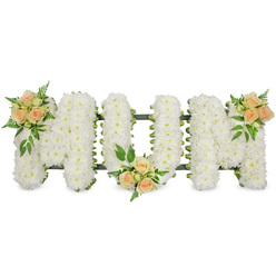 Set against a bright, uncluttered white background, this carefully crafted funeral tribute forms the word "MUM" in large, upright block letters, each one built from a dense bed of white spray chrysanthemums. The flowers are arranged so closely that they create an almost quilted surface, with their tiny petals overlapping to form a soft, pillowy texture that hints at comfort and peace. The brightness of the white blooms is gently framed by a narrow, dark green edging, probably a ribboned frame, that traces the outline of each letter and gives the design clear definition. Three delicate accents of colour warm the composition: clusters of soft peach and blush pink roses, some fully open and some in tight bud, are placed at three key points. One cluster rests on the upper left angle of the first "M", another is tucked tenderly into the base of the "U", and the third sits gracefully at the top right of the final "M". Around each group of roses, a mix of lush greenery, including fine fern fronds and broader glossy leaves, adds depth, texture, and a natural sense of movement. The tribute feels still and contemplative, a loving message of remembrance for a much-loved mother. It evokes the kind of thoughtful arrangement a local florist in Queensbury might prepare for a service at a nearby chapel or cemetery, created with the quiet intention of bringing a little beauty and solace to grieving families as they gather to say their final goodbye.