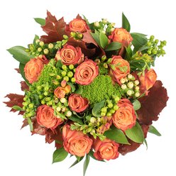 From a direct overhead view, this compact, circular bouquet reads like a harvested wreath of late autumn light, carefully constructed to evoke warmth and comfort. At its heart are many large roses, their petals graduating from a soft, warm orange at the centre to coral and finally to a deeper russet along the outer edges-each rose like a miniature sunset. Scattered among them are bright Hypericum berries-some lively lime green, others a pale creamy yellow-whose polished surfaces add visual rhythm and a crisp, tactile note against the soft rose petals. The surprising textured pockets of Green Trick dianthus bring a velvety, moss-like presence that both contrasts and complements the smoothness of the roses, while glossy green leaves provide depth and structural balance. Rich, dark reddish-brown leaves-resembling dried oak or maple-are artfully placed to emphasise the seasonal narrative, their burnished tones echoing a walk through nearby Fryent Country Park or the tree-lined streets around Queensbury station. Under soft studio light on a clean white backdrop, shadows fall gently between layers of petals and foliage, highlighting the arrangement's density and craftsmanship. As a local florist arranging for homes across Queensbury and neighbouring Wembley, we imagine this piece as a Thanksgiving centrepiece, a housewarming gift, or a comforting seasonal bouquet for someone who appreciates textured, harvest-coloured florals. Flower Delivery Queensbury prepares arrangements like this for same-day delivery when possible, aiming to bring the warmth of autumn into kitchens, dining rooms, and living spaces across the neighbourhood.
