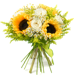 A vibrant sunflower and rose bouquet is captured in sharp detail against a plain white backdrop, allowing every flower to shine as clearly as a sunny walk through Queensbury on a bright afternoon. At the centre, several large sunflowers dominate the view, their deep chocolate-brown centres textured with tiny seeds and ringed by wide, radiant yellow petals that curve slightly, suggesting movement and life. Between them, white roses in various stages of bloom introduce a softer mood, their creamy, ivory-tinted petals layered in tight spirals that feel plush and luxurious to the eye. Intermingled among these statement flowers are clusters of small, daisy-like blossoms that resemble chamomile or feverfew, each one with a petite golden centre, creating a charming, almost storybook texture that lightens the whole arrangement. Threaded throughout, sprays of bright lime-green foliage, similar to solidago, form a feathery halo around the main blooms, adding volume and a fresh-from-the-garden feel, much like flowers gathered from a hidden green space off Honeypot Lane. The stems are gathered into a classic hand-tied posey, cut to an even length and secured with a vivid lime-green ribbon that wraps snugly around the base and trails slightly, adding a final touch of colour and craftsmanship. The bouquet's rounded shape and balanced mix of bold and delicate elements give it a welcoming, upbeat character, ideal for housewarmings, get-well wishes, or just to bring a burst of sunlight indoors. Its interplay of warm golds, gentle whites, and lively greens creates an atmosphere of warmth, encouragement, and simple, heartfelt joy.