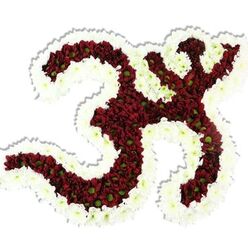A statement of devotion carved in flowers, this Om-shaped arrangement sits proudly against a pristine white background with a subtle drop shadow that gives the piece presence and depth. The body of the symbol is a dense tapestry of dark red to maroon chrysanthemum-like blooms, their tiny, closely set petals forming a plush, velvety surface. Scattered through that red field are the small, fresh lime-green centres of each bloom, a natural highlight that provides delicate contrast and a touch of freshness amid the intensity of the maroon. Encircling and defining the sinuous lines is a thick, undulating rim of pure white spray chrysanthemums; the whites are cool and crisp, slicing the shape free from the background and lending the Om an almost luminous halo.

Imagine placing this arrangement in the hush of a meditation hall or at a remembrance service in Queensbury: the texture appears soft to the fingertips, the scent subtle and grounding, and the visual composition invites slow contemplation. As a local florist familiar with Queensbury's congregations and community gatherings near the tube and high street, I see it used for spiritual celebrations, temple offerings, or memorial displays-an artwork that speaks calmly of unity and continuity. The craftsmanship shows careful, patient work-thousands of tiny petals arranged for both symbolic accuracy and aesthetic balance-so that the sacred syllable reads clearly from any angle while remaining intimate and tactile up close.