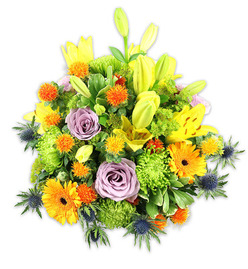Presented against a crisp white backdrop, this densely packed floral composition reads like a summer memory shaped by local hands in Queensbury. Tall yellow Asiatic lilies dominate the silhouette, some fully open with speckled inner petals and pollen-dusted stamens, others still long, graceful buds that introduce vertical movement and promise. Nearby, powdery lavender roses soften the bold palette, their classic spiral petals suggesting quiet romance and a gentle perfume that would float through a small flat near Queensbury tube. Bright orange Gerbera daisies, with broad, sun-like faces and darker centres, scatter warmth across the design, while chartreuse-green button chrysanthemums form abundant, cushiony pockets that give the arrangement its lush density. Small, round orange and golden accents - Craspedia-like or similar textured blooms - add lively, punctual bursts, and blue-grey Eryngium thistles push out from lower planes with sculptural, bristly bracts that lend an unexpected, contemporary edge. Varied green foliage, from glossy broad leaves to delicate fillers, weaves through the flowers and softens transitions between colours. The lighting is soft and directional, carving gentle shadows and highlighting petal contours, which makes this bouquet read as both joyful and composed. Ideal for celebrations, heartfelt congratulations, or an uplifting get-well gift, it is the kind of arrangement I prepare for same-day delivery across Queensbury, Kingsbury and nearby Harrow. For a trusted local touch, Flower Delivery Queensbury can recreate this look to suit table centres and front-door surprises in the community.