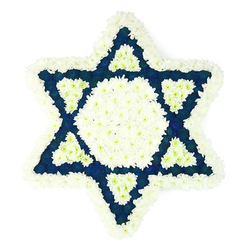 A solemn Star of David floral tribute dominates the clean white backdrop, its precise geometry softened by the lush texture of fresh flowers. The six points of the Magen David are clearly defined by a thick, snowy edging of white chrysanthemums, their many tiny petals overlapping like feathers, creating a comforting, pillowed effect that suggests tenderness and care. Within this gentle border, the central hexagon glows with the same pure white blooms, forming a quiet focal point at the centre of the design. Surrounding it, and flowing into each of the six arms of the star, densely packed dark blue flowers bring depth and gravity, their rich indigo tones reminiscent of twilight skies over Queensbury's quiet residential streets near the Broadwalk. At the base of every point, a smaller, sharply cut white triangle interrupts the field of blue, adding visual rhythm and reinforcing the symbolic layering of light and depth. The overall interplay of crisp lines and soft textures reveals the steady hand of an experienced florist, with each flower placed to hold the star's sacred shape in perfect balance. Though the image is photographed simply, with bright, even lighting and no distractions, it carries strong emotional weight. It speaks clearly of Jewish heritage and remembrance, ideal for a funeral service, shiva call, or memorial gathering in the Queensbury and Stanmore area, offering a dignified, reverent farewell crafted entirely from living blooms.