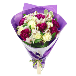 This photograph shows a beautifully composed floral bouquet that seems freshly finished on a Queensbury florist's counter, presented upright against a clean white background so every colour and texture stands out. At the centre, classic cream-white roses open in soft spirals, their petals smooth and gently cupped, suggesting a subtle, powdery fragrance. Around them cluster plush magenta carnations, their layered, frilled petals creating a deep, velvety cushion of colour that adds drama and warmth. Nestled between these are airy stems of white alstroemeria, each bloom marked with fine pinkish-red streaks and dotted inner petals, the prominent dark stamens giving a graceful, speckled detail. Lush greenery fills out the bouquet, with fresh, leaf-green tones and the occasional variegated leaf edge bringing lightness and movement, much like the foliage you might see in front gardens off Streatfield Road or along the residential streets near Queensbury Park. The flowers are surrounded by an inner layer of crisp white floral paper, folded into a neat, structured collar that frames the blooms like a halo. Over this sits a layer of translucent purple cellophane or fine paper, softly crinkled so it catches reflections and gives the bouquet a modern, celebratory sheen. The stems are gathered at the base and tied tightly with an iridescent bright green satin ribbon, its sheen echoing the freshness of the foliage. A small, light brown rectangular gift tag hangs from the bow, empty and inviting a personal message of love, thanks, or congratulations. The overall feel is one of joyful celebration, making it a perfect choice for same-day flower delivery to homes and businesses across Queensbury.