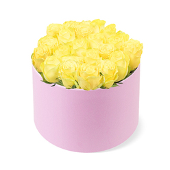An elegant floral hatbox filled with yellow roses is captured in crisp detail against a pristine white background, the simplicity of the setting allowing every petal and curve to stand out. The arrangement features roughly two dozen roses, each bloom tightly nestled against the next so that the flowers form a plush, rounded canopy that just crests above the rim of the box. The petals unfurl in graceful spirals, velvety and thick, with a cheerful spectrum of yellow hues that call to mind sunshine over Queensbury Park - from pale, creamy hearts to vivid golden edges. Tiny glimmers of green foliage appear between some of the roses, hinting at the stems and structure beneath while maintaining an overall impression of pure, uninterrupted yellow. The flowers sit in a stylish, round pastel pink hatbox with a soft matte finish, reminiscent of velvet or suede when viewed up close. Its gentle blush tone provides a subtle, romantic counterpoint to the energetic yellow blooms. The box is perfectly proportioned, upright, and minimalist, giving the design a contemporary feel that suits both modern apartments and traditional homes around Queensbury and neighbouring Kenton. Gentle, even lighting washes over the scene, casting almost no shadow, so the roses look freshly arranged, as though they have just been delivered by a local florist at Flower Delivery Queensbury. The overall mood is refined joy: a sophisticated yet approachable gift that would feel at home on a dining table, office desk, or bedside cabinet, chosen for occasions where you want to express friendship, appreciation, or warm congratulations with a burst of colour that still feels chic.