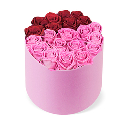 On a quiet street in Queensbury, this arrangement reads as a modern romance with a confident whisper of luxury. The hatbox, wrapped in soft pink velvet, invites touch and suggests premium texture beneath fingertips. A generous cluster of roses sits inside, their heads open and generous, so each petal reveals a delicate history of bloom and care. The two-tone scheme is calm yet expressive, the deep reds cradled by the surrounding pinks, a composition that feels intimate and celebratory. It's the kind of bouquet that makes you want to pause and smile. 
Looking closer, the top portion forms a subtle arc of crimson, about a dozen blooms, creating a curved line that hints at a heart without fully closing it. The lower mass, in bright fuchsia, spans the rest of the box and glows with cheerful energy. The roses' petals curl inward in tight spirals, imparting a creamy, velvety texture that speaks of high quality and careful handling. The stems are trimmed with precision to keep the arrangement neat and airy, so it feels abundant and well-behaved at the same time. 
In Queensbury, this design travels well from local markets to a home at the end of a cul-de-sac, a piece that suits anniversaries, birthdays, or a gesture of daily affection. It arrives as a gift box full of anticipation, its scent, soft and uplifting, adding a sensory layer that completes the gesture. Delivery is reliable, with same-day options across the area and beyond into North West London, ensuring the recipient receives the moment ready to celebrate. With Flower Delivery Queensbury, you are buying experience, freshness, and local care in one elegant package.