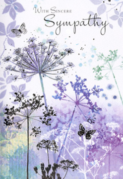 This sympathy card opens to reveal a gentle, nature-inspired illustration that feels as calm as a soft breeze drifting through a Queensbury back garden at dusk. Slender, willowy stems rise from the base of the card, tipped with delicate, umbrella-like flower heads painted in muted violets, dusty blues, and soft silvery greens. The blossoms themselves look almost weightless, their fine lines and semi-transparent petals allowing the pale background washes to glow through. These watercolour veils of lavender and cool grey melt into one another, like distant hedgerows seen through morning mist. Lightly outlined butterflies float among the stems, wings spread as if just alighted, their presence a gentle symbol of hope and quiet endurance after loss. There is no clutter, only spaciousness and balance; every curve and colour seems chosen to soothe rather than startle, much like the careful tone we use when helping families choose funeral flowers for delivery around Queensbury and the surrounding streets. The light within the image feels diffuse and comforting, casting no sharp shadows, evoking a sense of time slowing down for reflection and remembrance. This design speaks softly, like a kind neighbour offering support after a difficult farewell. The overall mood is one of tender understanding, making it a thoughtful accompaniment to sympathy arrangements sent to local homes, chapels, or funeral services, and a sensitive way to honour a life while offering consolation to those left behind.