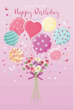 This charming birthday artwork feels like a gentle party drifting above the quiet streets of Queensbury, captured on a canvas of soft pink. A bouquet of pastel balloons appears to lift a cluster of fresh flowers into the air, as if someone has just stepped out of a nearby Queensbury café with a surprise in hand. The balloons float in harmonious shades of rose, mint, aqua, lemon, and lavender, each with its own personality: some are wrapped in twirling stripes, others sprinkled with dots and tiny floral sketches, and one stands out as a heart-shaped balloon radiating warmth at the centre. Light reflects off their rounded surfaces, giving them a glossy, almost touchable texture, like newly inflated party balloons ready for a living-room celebration. Below, a dainty hand-tied bouquet anchors the design, with roses and soft, daisy-like blooms layered in creamy ivory, blush pink and gentle mauve, their petals delicate and feathery. The stems are neatly gathered with a bright violet ribbon, its satin sheen catching the light as if arranged in a local Queensbury florist's studio. Around the flowers, little stars and whimsical butterflies seem to flutter, creating the sense of a birthday wish suspended in time. The whole scene exudes lightness and tenderness, evoking the soft scent of fresh flowers and the quiet excitement of a special day. It is a composition that blends playfulness and elegance, perfectly suited to mark a birthday with heartfelt joy close to home.