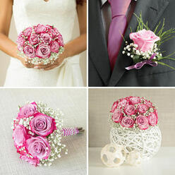 This image captures a single groom's boutonniere, carefully pinned against a dark charcoal suit, distilled to the essence of graceful romance. At the heart of the design is one luminous pink rosebud, its petals tightly layered yet just beginning to open, suggesting the first moments of a new life together. The rose sits neatly against the lapel, framed by wisps of fresh greenery that curl around the bloom and provide a subtle contrast in texture. Delicate touches of white baby's breath peek out between the leaves, bringing a light, airy quality that softens the strong line of the suit. A slim ribbon, with a velvety sheen, is wrapped neatly around the stem, its gentle fold and tidy finish showing the attention to detail that a skilled florist brings to wedding work. The boutonniere feels both classic and modern, perfectly suited to ceremonies in small chapels near Queensbury Station or relaxed gatherings in local venues along nearby high streets. There's a quiet confidence in the composition: nothing is overdone, and each element has room to breathe. The charcoal jacket fabric provides a rich, textured backdrop, making the pink of the rose appear warmer and more vivid, almost glowing as if caught by natural light filtering through a window. You can sense the anticipation of the day-the soft rustle of guests arriving, the murmur of conversation, the gentle brush of petals as the groom moves. It's the kind of carefully considered detail that adds intimacy and personality to a Queensbury wedding, a small yet meaningful piece of floral artistry that will be remembered in photographs and in hearts long after the day has passed.