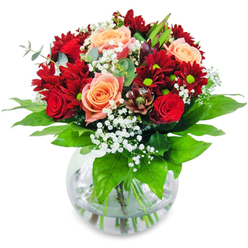 Envision holding this bouquet fresh from a Queensbury florist-its warmth and vibrancy echoing the bustling shops along Honeypot Lane. The velvet texture of red roses and rich chrysanthemums invites your senses, the deep carmine petals accented gracefully by apricot and pale peach roses that softly pulse with a golden glow. Dainty clouds of white gypsophila drift throughout, their delicate presence reminiscent of spring mornings near Queensbury Park. Substantial, emerald-green stems are arranged within a pristine glass vase, visible through limpid water that signals freshness and longevity. There's an intoxicating blend of subtle rose fragrance and leafy green notes-like a promise of new beginnings and heartfelt congratulations. The bouquet's thoughtfully woven textures and colours create a harmonious balance, perfectly suited as a centrepiece for milestone dinners, cheerful birthdays, or intimate celebrations, bringing an uplifting energy to any local gathering. The artistry is unmistakable-each stem aligned in gentle movement, as if the flowers themselves lean together in quiet joy, echoing the spirit of togetherness that defines the Queensbury community.