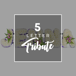 This image shows an elegant five-letter floral tribute designed for a funeral or memorial, photographed against a pale dove-grey backdrop that keeps the focus on the flowers themselves. The letters are large and robust, each one built on a solid base and completely covered in tight clusters of fresh white chrysanthemums or carnations. Their rounded petals nest closely together, giving every letter a soft, cushion-like texture that feels both comforting and pure, ideal for expressing love and respect. Tracing the edges of the letters is a band of deep purple satin ribbon, smooth and slightly glossy, which neatly frames the white blooms and adds a solemn yet refined accent. Nestled at considered points along the lettering, small sprays of pale pink and mauve roses emerge, paired with sprays of glossy green fern fronds and foliage, bringing depth, colour, and a hint of natural movement to the design. The arrangement appears to spell "J," then "O," "H," and "N" partially covered, with an "A" at the far right, hinting at how a cherished name or meaningful word can be fully personalised. Centred over the middle section is a grey square overlay, outlined in white, bearing the phrase "5 LETTER Tribute" in contrasting fonts: a clear sans-serif for the top line and a graceful script below, indicating the style of tribute available. The overall composition feels calm and dignified, the kind of customised floral lettering that might be chosen for a service in or around Queensbury, where families often seek understated, beautifully crafted tributes that reflect both memory and personality.